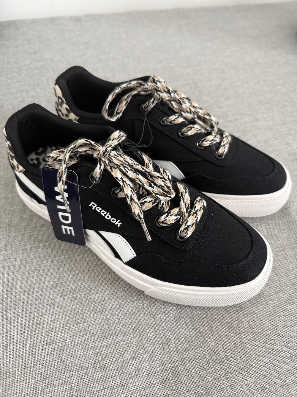 Reebok Women’s Court Low Canvas sneakers – black/leopard print accent 7wide fit